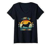 Mujer I Love My Basset Hound - Silueta retro Sunset Amante de los perros Camiseta Cuello V