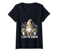 Mujer I Love My Garden Gnome Graphic Floral Lilac Lavender Flower Camiseta Cuello V