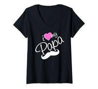 Mujer I Love My Papa Funny Father Dad Daddy Heart and Mustache Camiseta Cuello V