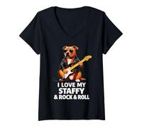 Mujer I Love My Staffy y Rock and Roll Cool Dog Lover Music Fans Camiseta Cuello V