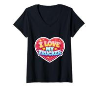 Mujer I Love My Trucker Mujer Esposa Novia Mamá Camionero Conductor Camiseta Cuello V