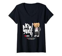Mujer I Love NYC, New York City Teddy Bear Illustration Graphic Camiseta Cuello V