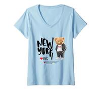 Mujer I Love NYC, New York City Teddy Bear Illustration Graphic Camiseta Cuello V