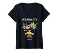Mujer I Love NYC, New York City Wonderful Stories with Cartoon Art Camiseta Cuello V