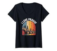 Mujer I Love Prague - Puente de Carlos de estilo retro Camiseta Cuello V