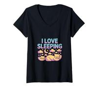 Mujer I Love Sleeping Cute Cats Luna Nubes Estrellas Camiseta Cuello V