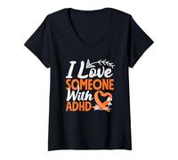 Mujer I Love Someone with ADHD Awareness Flecha Corazón Cinta Naranja Camiseta Cuello V