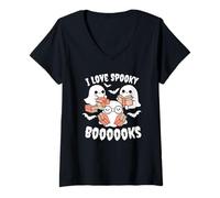 Mujer I Love Spooky Booooks Kawaii Fantasmas Libros Amante Lectura Camiseta Cuello V