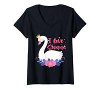 Mujer I Love Swans Bird Zoo Animal Lago Agua Lirio Flores Corona Camiseta Cuello V