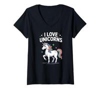Mujer I Love Unicorns Rainbow Fantasía Diversión Camiseta Cuello V