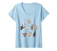 Mujer I Love You San Valentín ASL Lenguaje de señas Corazones Camiseta Cuello V