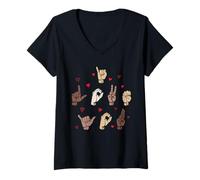 Mujer I Love You San Valentín ASL Lenguaje de señas Corazones Camiseta Cuello V