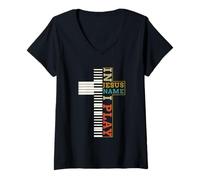 Mujer I n Jesus Name I Play Piano Música Cristiana Religión Cruz Camiseta Cuello V