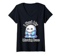 Mujer I Need My Morning Brooo Divertido Halloween Café Fantasma Juego de palabras Camiseta Cuello V