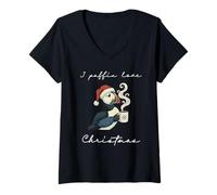 Mujer I Puffin Love Christmas Funny Holiday Doodle Bird Coffee Camiseta Cuello V