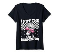 Mujer I Put The Bad In Badminton Girl Mom Mother's Day Coquette Bow Camiseta Cuello V