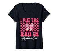 Mujer I Put The Bad In Badminton Girl Mom Mother's Day Coquette Bow Camiseta Cuello V