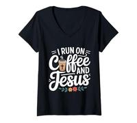 Mujer I Run On Coffee and Jesus Camiseta Cuello V