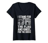 Mujer I Stand For The Flag and Kneel For The Cross Patriotas Fe Camiseta Cuello V