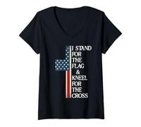 Mujer I Stand for The Flag and Kneel for The Cross USA Freedom God Camiseta Cuello V
