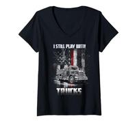 Mujer I Still Play with Trucks USA Flag Thin Red Line Firefighter Camiseta Cuello V