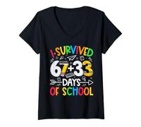 Mujer I Survived 67 + 33 Days School Kids Funny Math 100th Day Camiseta Cuello V