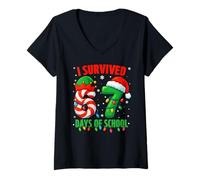 Mujer I Survived 67 Days of School Christmas Santa Elf Candy Meme Camiseta Cuello V