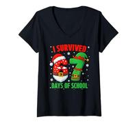 Mujer I Survived 67 Days of School Christmas Santa Elf Six Seven Camiseta Cuello V