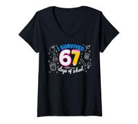 Mujer I Survived 67 Days of School Funny Meme Teacher Student Fun Camiseta Cuello V