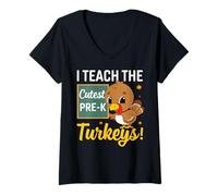 Mujer I Teach The Cutest Pre-k Turkeys Thanksgiving Thankful Camiseta Cuello V