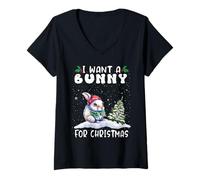 Mujer I Want A Bunny For Christmas Santa Hat Funny Xmas Camiseta Cuello V