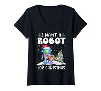 Mujer I Want A Robot For Christmas Santa Hat Funny Xmas Camiseta Cuello V