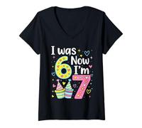 Mujer I Was 6 Now I'm 7 Funny 7 Years Old Birthday Kids Party Camiseta Cuello V