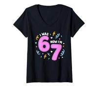Mujer I Was 6 Now I'm 7 Funny 7th Birthday Girl Party Camiseta Cuello V