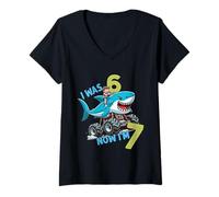 Mujer I Was Six Now I'm Seven Shark 67 Meme 7th Birthday Boys Kids Camiseta Cuello V