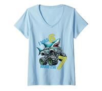 Mujer I Was Six Now I'm Seven Shark 67 Meme 7th Birthday Boys Kids Camiseta Cuello V