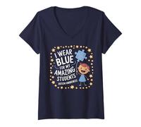 Mujer I Wear Blue For My Students Autism Awareness Teacher Camiseta Cuello V