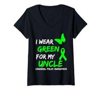 Mujer I Wear Green For My Uncle Cerebral Palsy Ribbon Camiseta Cuello V
