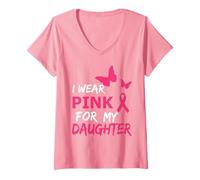 Mujer I Wear Pink for my Daughter Butterfly & Ribbon Breast Cancer Camiseta Cuello V