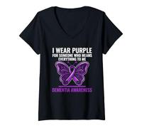 Mujer I Wear Soporte de Cinta de Mariposa para concienciación sobre la Demencia púrpura Camiseta Cuello V
