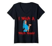 Mujer I Wish A Witch Would Funny Halloween Melanina Negro Mujeres Diversión Camiseta Cuello V