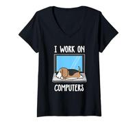 Mujer I Work On Computer Beagle Dog Sleep Funny Puppy Lovers Camiseta Cuello V