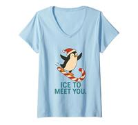 Mujer Ice To Meet You Lindo pingüino navideño Bastón de Caramelo Camiseta Cuello V