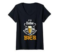 Mujer Ich Liebe Bier - Vaso de Cerveza Vintage con Dicho alemán Camiseta Cuello V