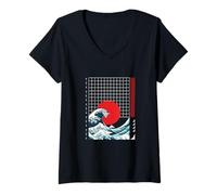 Mujer Icónicos Colores japoneses con Olas oceánicas y Sol Rojos con Rayas Camiseta Cuello V