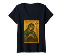 Mujer Icono Cristiano ortodoxo de la Virgen María del Lamento Camiseta Cuello V