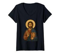 Mujer Icono Cristiano ortodoxo Jesucristo el Maestro Camiseta Cuello V