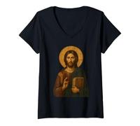 Mujer Icono ortodoxo de Jesucristo Maestro Camiseta Cuello V