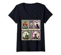 Mujer Iconos espeluznantes de Halloween, Calabazas, Fantasmas, Esqueleto, murciélagos, Arte Camiseta Cuello V