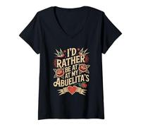 Mujer I'd Rather Be At My Abuelita's Tattoo Style Heart Rose Camiseta Cuello V